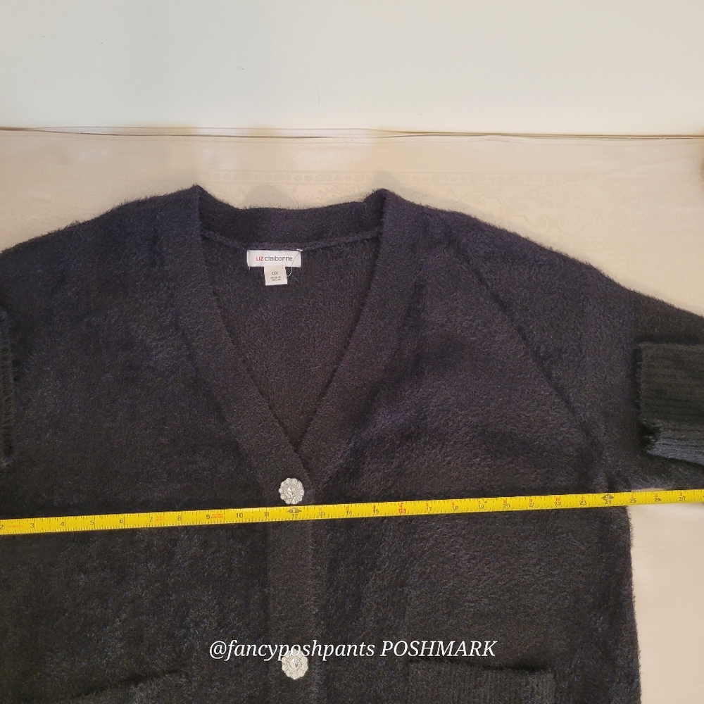 new! Black lux faux mohair boxy Vneck cardigan Liz Claiborne sweater rhinestone - Picture 11 of 17